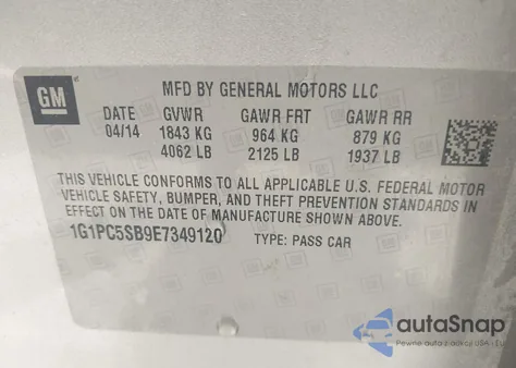 2014 Chevrolet Cruze 1Lt Auto z USA, uszkodzony, nr VIN 1G1PC5SB9E7349120